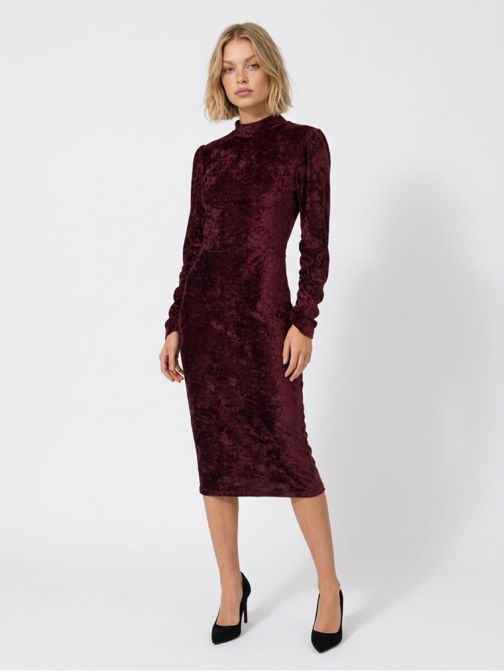 Nasty Gal Velvet Burgundy Long Sleeve Midi Dress